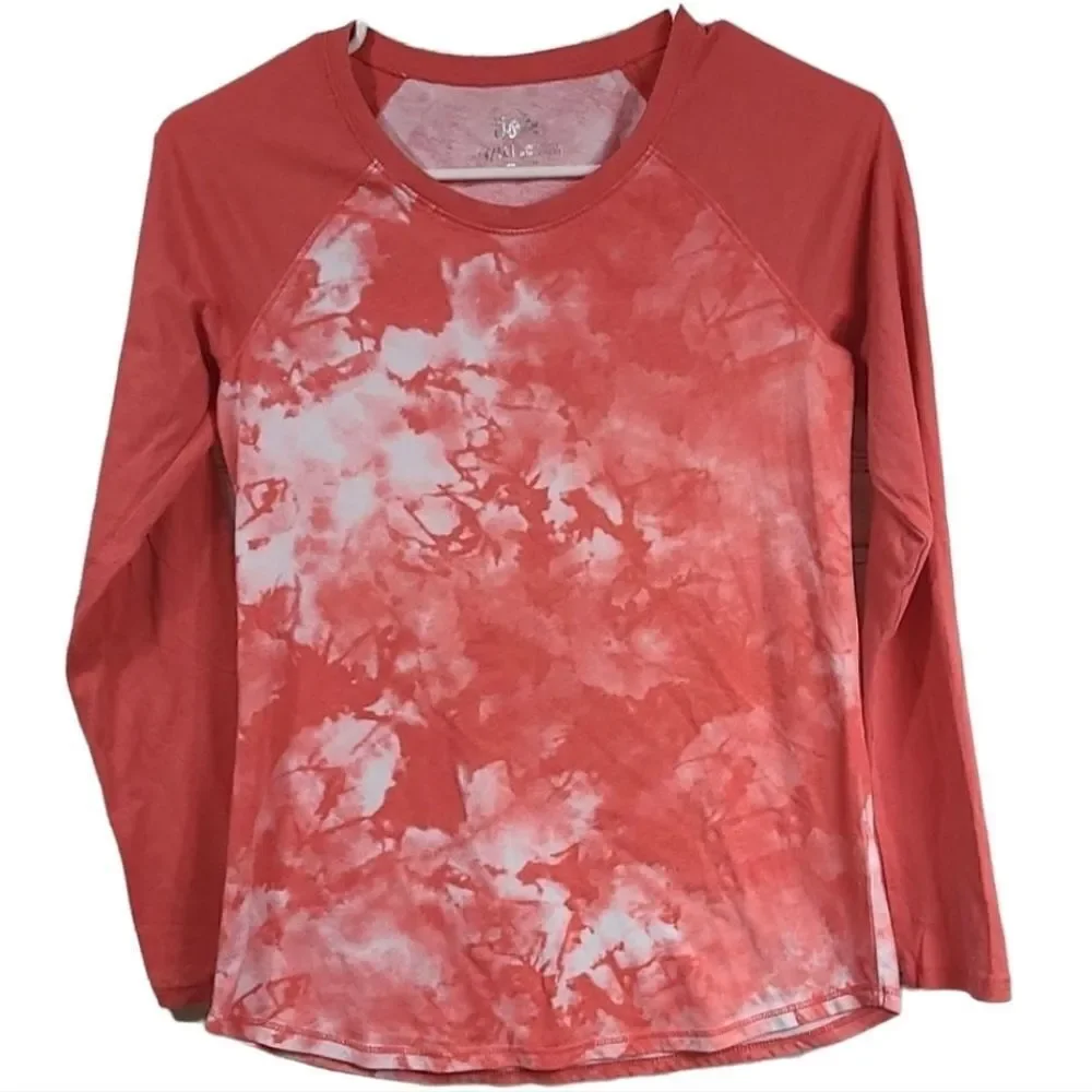 Justice Girls 14/16 Orange Tie Dye Sporty Raglan Long Sleeve Tee Knit Top Tshirt